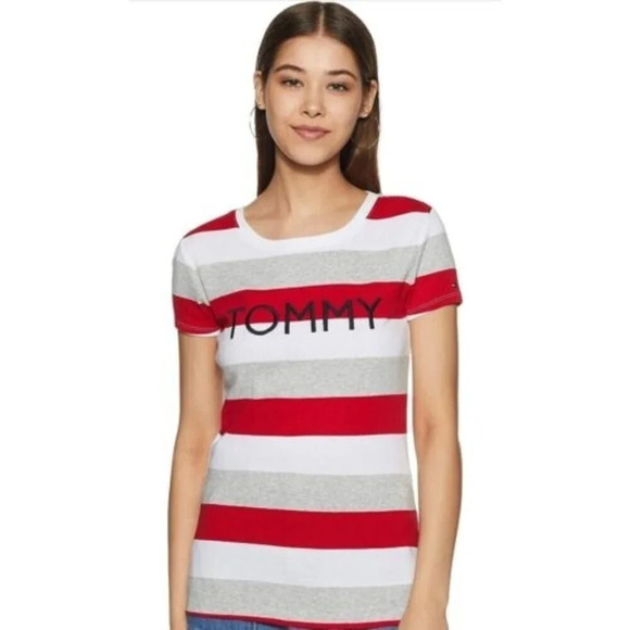 Tommy Hilfiger Women’s Striped T Shirt Large Embroidered Spell Out Stretch USA - Picture 1 of 10